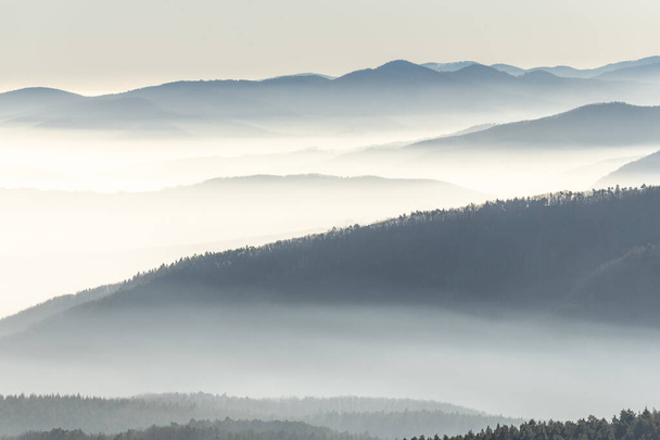 Silhouettes of mountains in the sea of fog in winter. Vosges, France, Europe. - Photo, Image