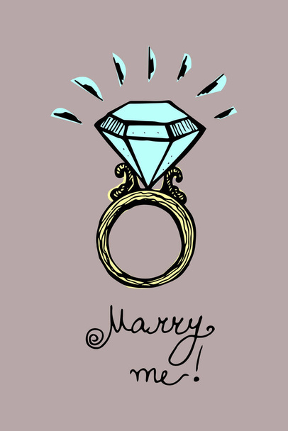 Een ring met een diamant. Handgetekende kleurenillustratie. Vector. - Vector, afbeelding