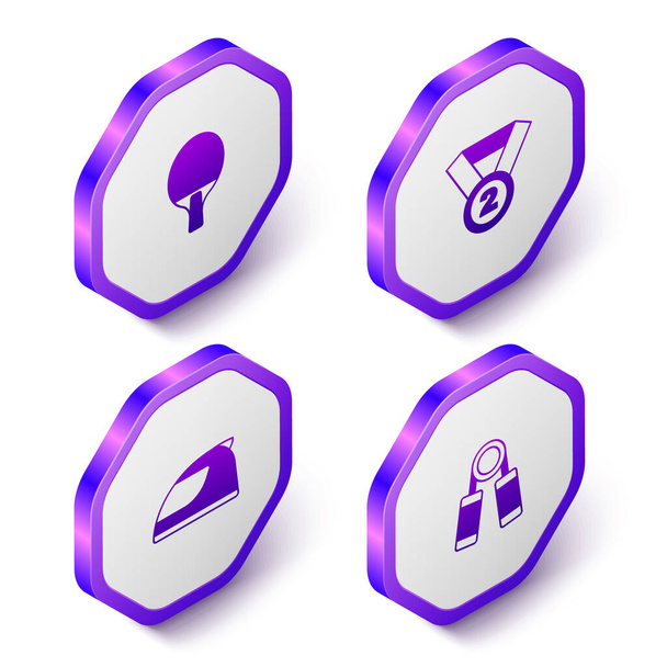 Set Isometric Racket, Medal, Racing helmet and Sport expander icon. Purple hexagon button. Vector - Vektor, kép