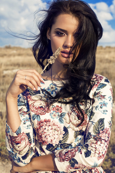portrait of beautiful woman with dark hair posing at summer field - Photo, image