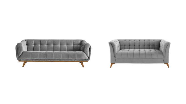 Two grey quilted fabric classic sofas on wooden legs isolated on white background with clipping path. Series of furniture - Foto, afbeelding