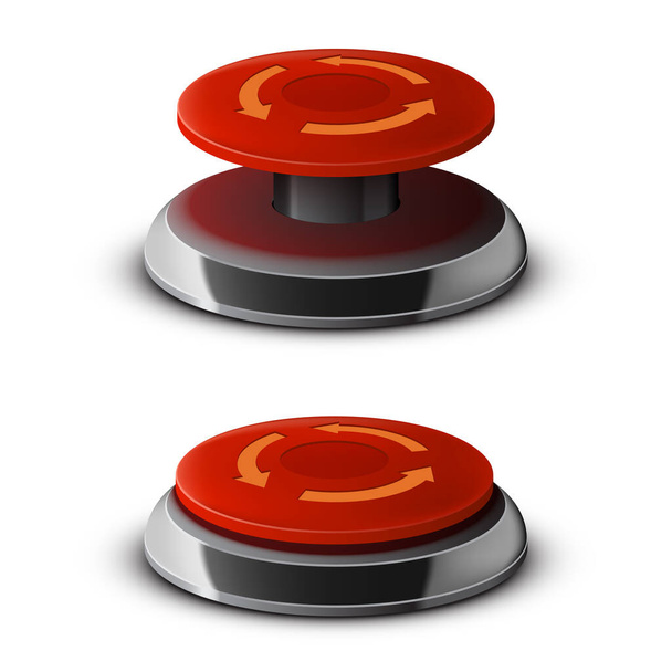Red emergency stop button in on and off position, tridimensional button with metal elements on plain background - ベクター画像