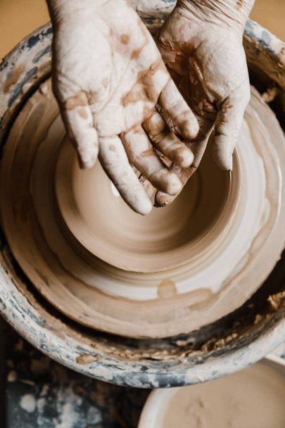 Female ceramist hands sculpt clay dishes - Photo, Image