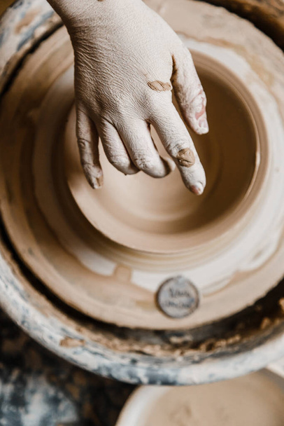 Female ceramist hands sculpt clay dishes - Foto, Bild