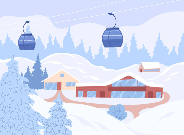 Estación de esquí. Paisaje de montaña de invierno con un teleférico - Vector, imagen