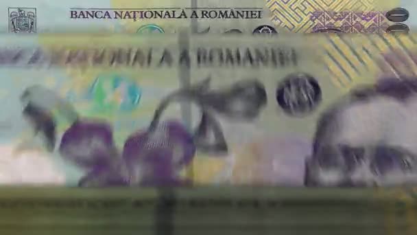 Romen Lei para sayma makinesi ve banknotlar. Hızlı RON para birimleri rotasyonu. Romanya 'da iş ve ekonomi kavramı döngüye girebilir ve sorunsuz bir altyapıya sahip. - Video, Çekim