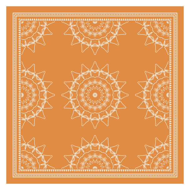 Bandana Shawl, Tablecloth Fabric Print, Silk Neck Scarf, Kerchief Design, Ornament Paisley, Orange Square Pattern. - Vector, Image