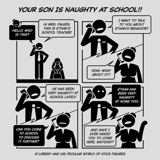 Funny comic strip. Your son is naughty at school. Phone conversation between school teacher and naughty student mother. Comic depicts rude parent, school teacher complaint, and naughty kid.  - Vector, Image