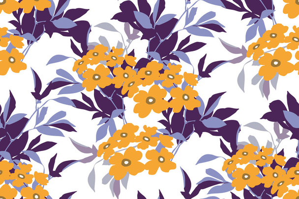 Vector floral seamless pattern. Yellow flowers, purple and lilac twigs and leaves on a white background.  - Vector, Imagen