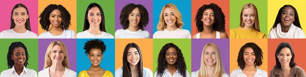 Jovens mulheres multirraciais sorrindo sobre fundos de estúdio, conjunto de retratos - Foto, Imagem