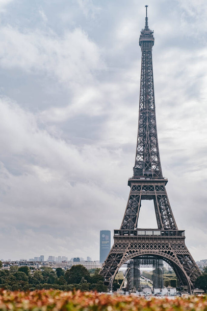 Широкі постріл Ейфелеву вежу з драматичним небо і квіти на пізнього вечора, Париж, Франція - Фото, зображення