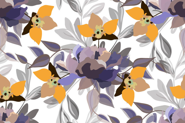 Vector floral seamless pattern. Yellow, purple and coffee-colored flowers and leaves on a white background.  - Вектор,изображение