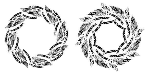Wreath of feathers in vector on white background, boho wreath with feathers, mandala, frame - Vettoriali, immagini