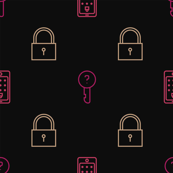 Set line Mobile and graphic password, Lock and Undefined key on seamless pattern. Vector - Vettoriali, immagini