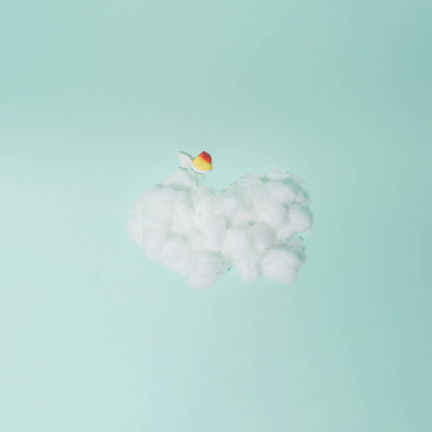 Fluffy cloud and women's shoe on it. Conceptual pastel background. - Photo, Image