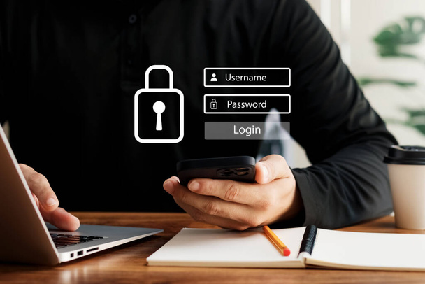サイバーセキュリティ、サイバーセキュリティ、ログインとパスワード、情報セキュリティと暗号化、安全なインターネットアクセス、将来の技術とサイバーセキュリティの概念. - 写真・画像