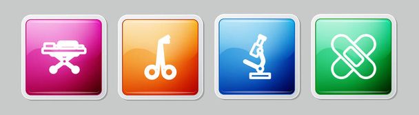 Set line Stretcher, Medical scissors, Microscope and Crossed bandage plaster. Colorful square button. Vector - Вектор,изображение