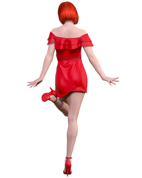 Beautiful redhead woman in light summer waving red dress.Summer clothes collection.Bright makeup.Woman studio photography.Conceptual fashion art.Seductive candid pose.Femme fatale.3D Render. - Foto, Imagen