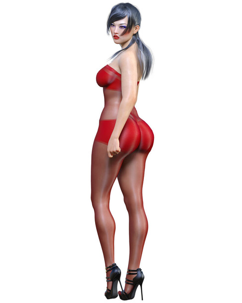 3D render beautiful sexy japanese girl red bodystocking.Curves shape girl.Woman studio photography.High heel.Conceptual fashion art.Seductive candid pose.Summer intimate clothes. - Zdjęcie, obraz
