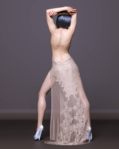 Beautiful sexy brunette woman in long evening dress.Summer clothes collection.Bright makeup.Woman studio photography.Conceptual fashion art.Femme fatale.3D Render. - Photo, image