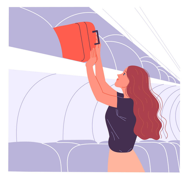 Woman passenger puts her hand baggage on the overhead shelf. - Vector, Image