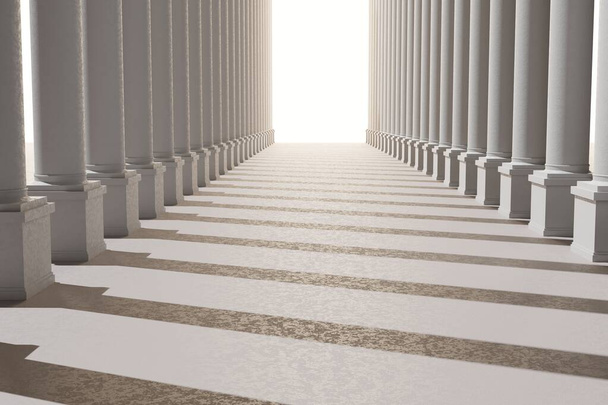 列と最後に輝く天の光を持つ豪華なグレコ・ローマの回廊。3Dレンダリング図です。デザインの背景パターン. - 写真・画像