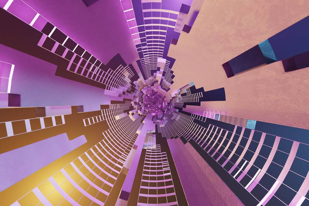 Science-Fiction-Tunnel mit Neonlicht. Abstrakter Hightech-Tunnel als Hintergrund im Stile von Cyberpunk oder Hightech-Zukunft. 3D-Darstellung. Hintergrundmuster für Design. - Foto, Bild