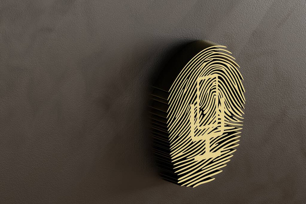 Schöner abstrakter goldener Fingerabdruck mit Icon-Mikrofon, der auf dunklem 3D-Rendering steht. Hintergrundmuster für Design. - Foto, Bild