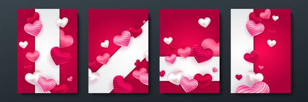 Conjunto de carteles conceptuales de San Valentín. Ilustración vectorial. 3d corazones de papel rojo y rosa con marco sobre fondo geométrico. Lindo amor venta banners o tarjetas de felicitación - Vector, Imagen