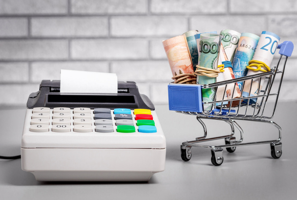 Shopping trolley with cash and cash register. - Photo, Image