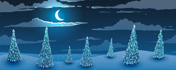 Vector illustration. Night winter landscape. Fir trees forest on hills at night with moon. - Wektor, obraz