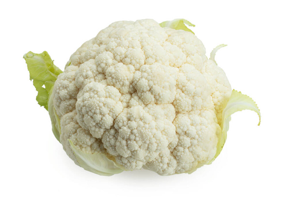 Ripe cauliflower with green leaves isolated on white background. - Photo, Image
