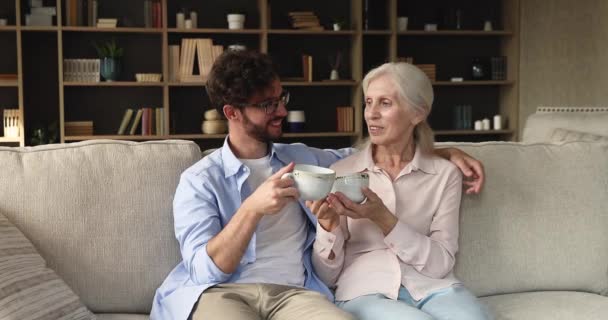 Older woman her adult son drink tea enjoy warm conversation - Πλάνα, βίντεο