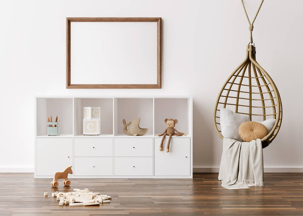 Empty picture frame on white wall in modern child room. Mock up interior in scandinavian, boho style. Free, copy space for your picture. Console, rattan armchair, toys. Cozy room for kids 3D rendering - Valokuva, kuva