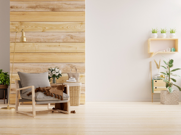 Woonkamer interieur muur mockup in warme tinten met grijze fauteuil op houten vloer.3d rendering - Foto, afbeelding