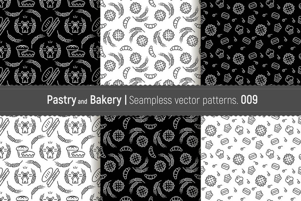 Vector set of design templates for packaging bakery and confectionery products in a fashionable linear style. Seamless patterns with linear icons: waffles, cupcakes, cakes. Backgrounds with spikelets. - Vector, imagen