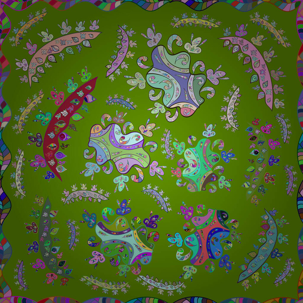 Multicologroen, blauw en neutraal elegante bloemetjes en grappige beestjes op een groene, blauwe en neutrale kleur, vectortextuur, illustratie. - Vector, afbeelding