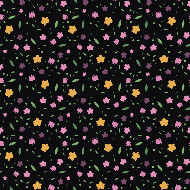 Vector pattern on a black background, vector pattern of flowers. Elements for greeting cards, invitations, packaging, paper, textiles. Vector model. Naive illustrations. Ethnic, Gypsy. Chintz. - Vector, Image