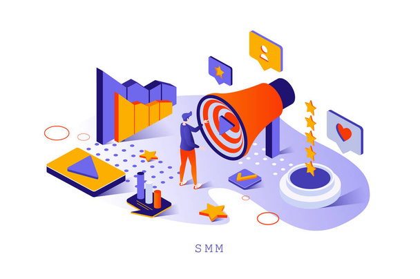 SMM concept in 3d isometric design. Online advertising, business promotion and attraction of new customers, social media marketing web template with people scene. Vector illustration for webpage - Vector, Image