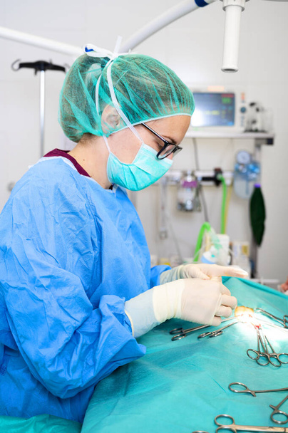 Surgery operation. Close up of surgeon hands stitching the wound after operating. Surgical treatment concept. Surgeon hands performing operation with surgery tools - Photo, Image