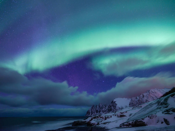Tungeneset скалы и свет Aurora Borealis. Острова Сени, Норвегия. Следы звёзд и северное сияние. Отражения на поверхности воды. Изображение - Фото, изображение