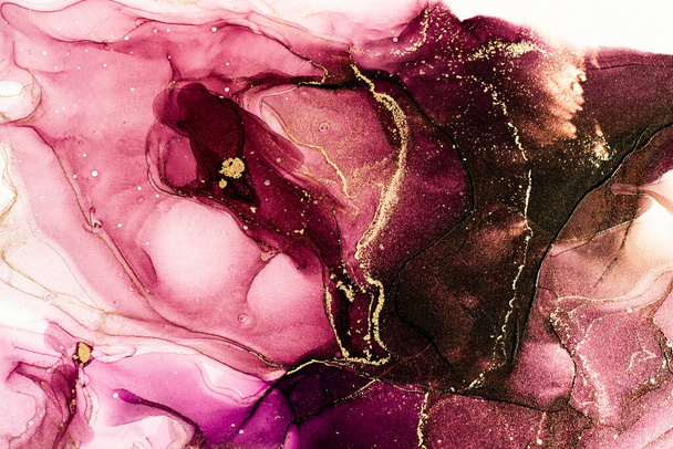 Fond fluide couleur brillante abstraite, peinture à l'alcool dessinée à la main avec des stries dorées, texture de la technique de l'encre liquide pour la conception de toile de fond haute résolution - Photo, image