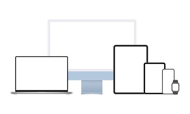 Conjunto de dispositivos modernos Mockups: Monitor de computador, Computador portátil, Tablet, Telefone, Relógio inteligente. Ilustração vetorial - Vetor, Imagem