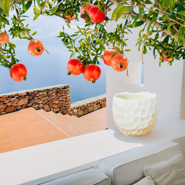 Ripe branches with pomegranate fruit on the background of the house by the sea. 3D illustration. Imitation of oil painting. - Foto, afbeelding