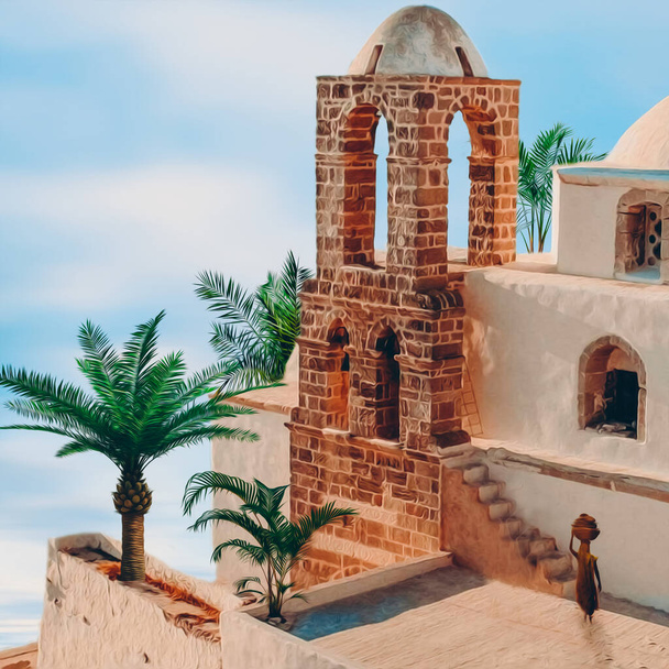 Марокканская архитектура с пальмами. 3D иллюстрация. Имитация живописи маслом. - Фото, изображение