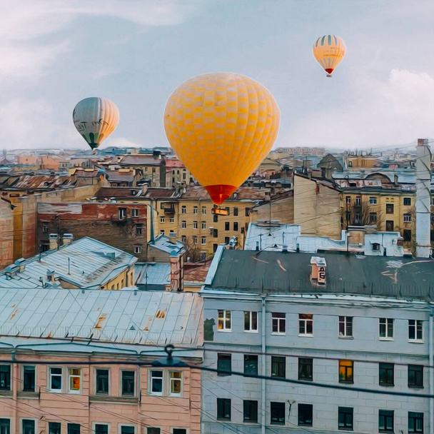 Balloons flying over the old city in Europe. 3D illustration. Imitation of oil painting. - Foto, Imagen