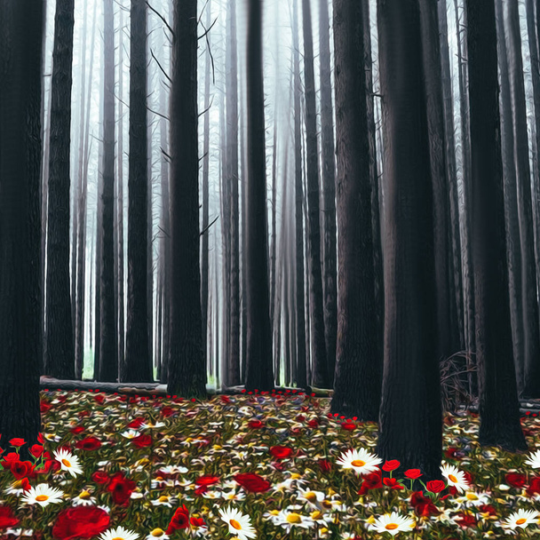 A glade with blooming poppies and daisies in a pine forest. 3D illustration. Imitation of oil painting. - Photo, image