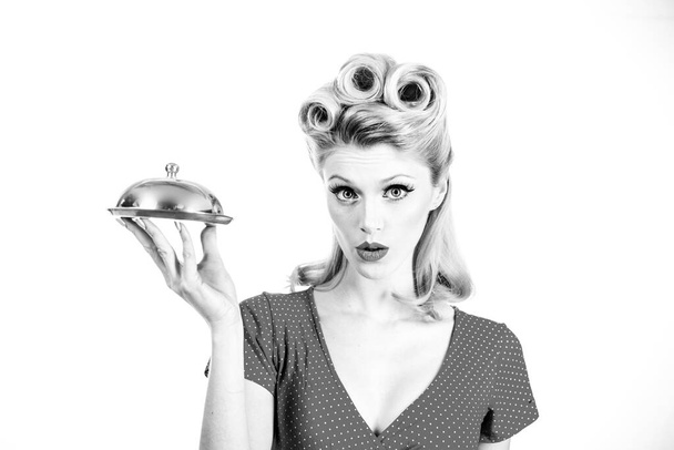 Catering waiter. Pinup girl with service tray. Restaurant menu concept. - Foto, Bild