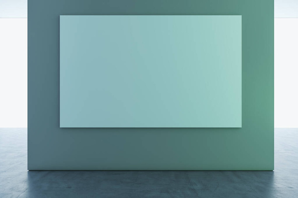 Abstract spacious interior with daylight and empty mock up poster on blue wall. Gallery and nobody concept. 3D Rendering - Photo, image