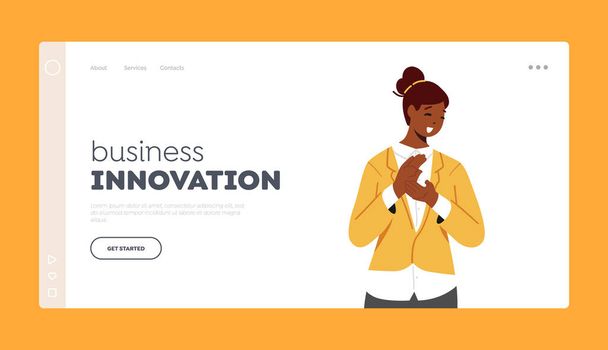 Template voor Business Innovation Landing Page. Een vrouw, Cheering Ovation. Vrolijk vrouwelijk karakter klappen handen - Vector, afbeelding